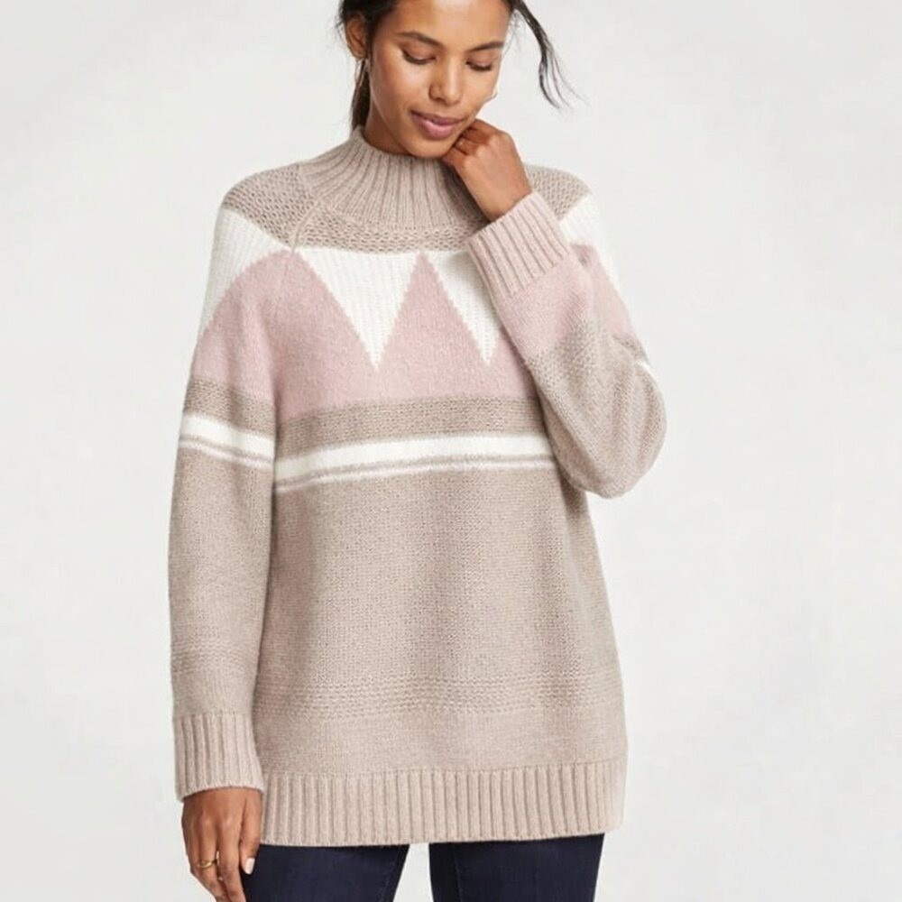 Ann Taylor Beige Wool Blend Fair Isle Mock Neck Sweater Tunic SZ Medium Preppy